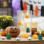 Christmas Glass Hurricane Candle Holder with 18 Pcs Tree Pumpkin Ghost Candles and 5 Tea Light Cylinder Pillar Candle Holder for Xmas Thanksgiving Halloween Table Centerpiece Decorations