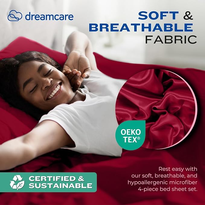 DREAMCARE Full Size Sheets – 4 pcs Cooling Sheets – up to 21” Deep Full Sheet Set – Hotel Luxury Sheets & Pillowcases – Superior Softness 100% Fine Microfiber with Side Pocket – Burgundy