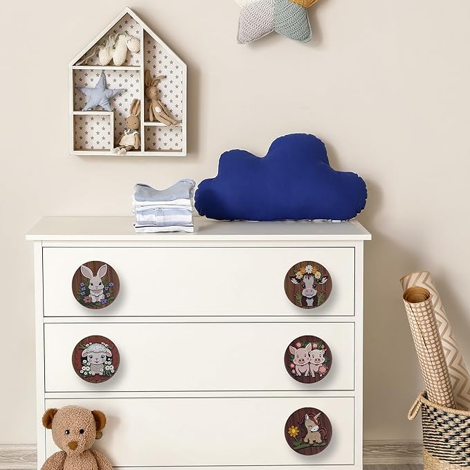 JamJam Set of 8 1.8" Wooden Unique Cabinet Knobs Pig Tiger with Flower Safari Animal Nursery Dresser Drawer Furniture Handle Knobs and Pulls