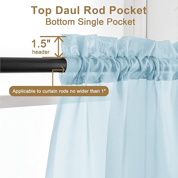 Chyhomenyc Sky Blue Sheer Curtains 96 inches Long 2 Panels, Light Filtering Light Blue Elegant Voile Window Treatment Drapes for Bedroom Living Room, Each 42 Wx96 L, 8FT