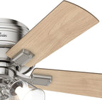 Hunter 42 inch Indoor Ceiling Fan with LED Lights and Pull Chain - Low Profile Mount Ceiling Fan, 5 Blades, For Bedroom, Living Room, or Kitchen, Quiet - Crestfield 52154, Brushed Nickel