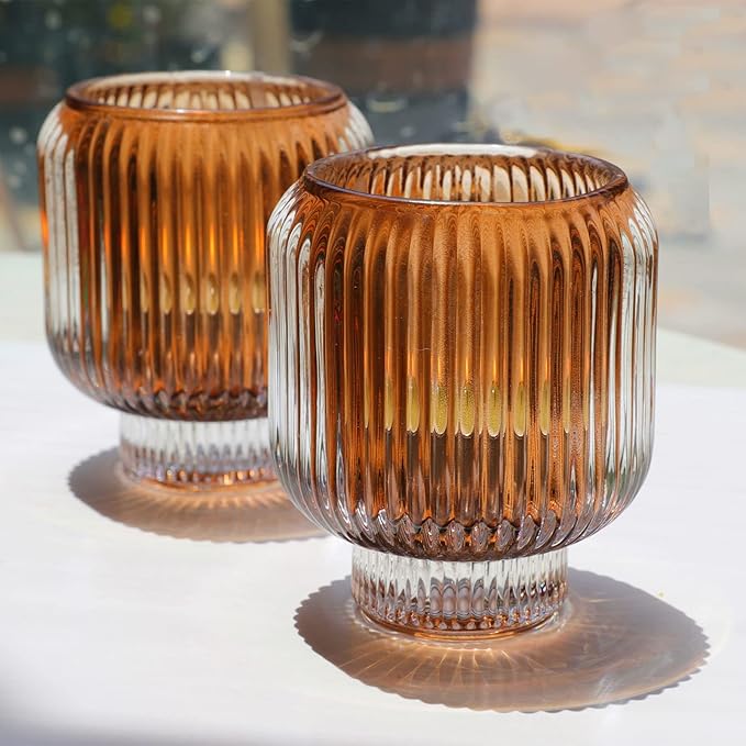 Woho Votive Candle Holders for Wedding Centerpieces, Tealight Candle Holder Set of 2, Glass Votive Candle Holder Bulk for Home Decor(Brown, 3.5'' Tall 3.1'' Diameter)