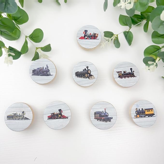 8Pack1.8 Wooden Vintage Train Steam Engine Knob Cabinet Handles Kid's Nursery Room Furniture Dresser Drawer Pulls Knobs