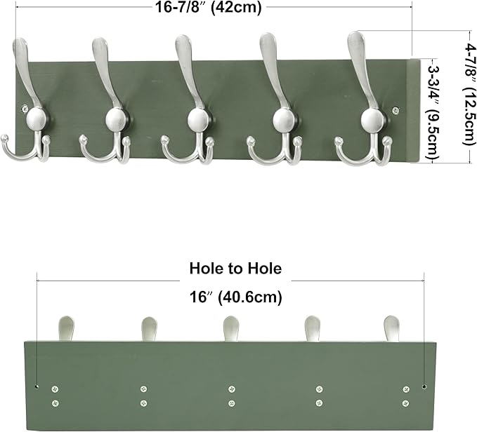 SKOLOO Creations Forest Green Solid Wood Wall Mounted Coat Rack, 5 Hooks, 17" Long - Kitchen, Mudroom, Entryway, Bathroom - Includes Mounting Hardware, Wall Coat Hanger, Towel Rack, Pack of 2