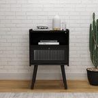 Mid Century Modern Nightstand, Side Table with Storage, Bedside Tables with Glass Door, End Table with Solid Wood Legs for Bedroom, Living Room and Small Spaces, Black