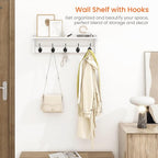 Homode Coat Rack with Wall Shelf and Hooks - 24 Inch Long, Wooden Hanging Coat Hanger with Hat Shelf for Entryway, Bathroom, Mudroom, White