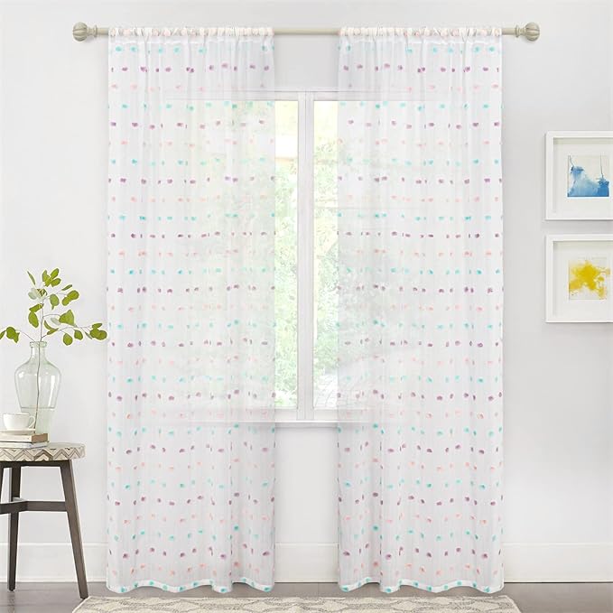 MYSKY HOME Curtains for Living Room 84 Inch Long Rainbow Pom Pom Curtains for Bedroom Sheer Curtains for Nursery Windows Rod Pocket Privacy Drapes Dining Room 38" x 84" 2 Panels