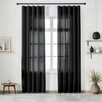 Black Curtains Semi Sheer 102 Inch Long, Linen Textured Light Filtering Drapes for Living Room, Dark Moody Modern Farmhouse Window Decor, Floor to Ceiling Pinch Pleat Curtain with Hooks