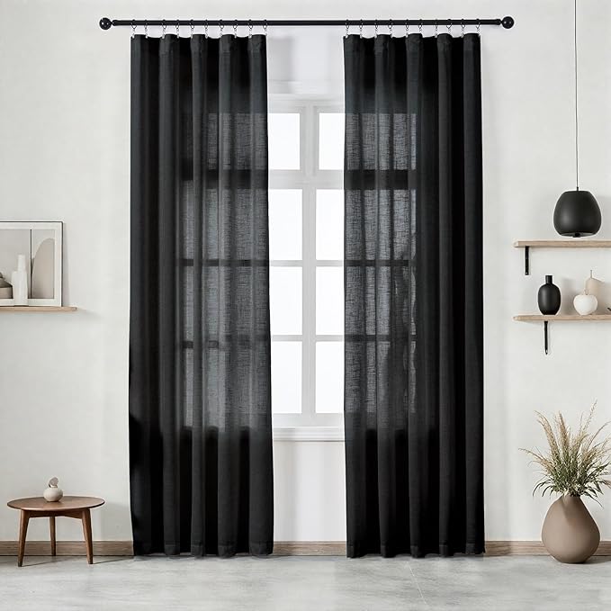 Black Curtains Semi Sheer 102 Inch Long, Linen Textured Light Filtering Drapes for Living Room, Dark Moody Modern Farmhouse Window Decor, Floor to Ceiling Pinch Pleat Curtain with Hooks
