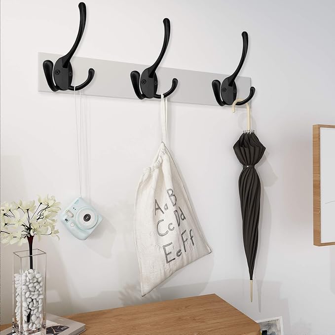 IBosins 6 Pack Big Heavy Duty Three Prongs Coat Hooks Wall Mounted with 24 Screws (Two Types of Screws Included) Retro Double Utility Rustic Hooks for Thick Coat, Big Heavy Bags (6 Pack)