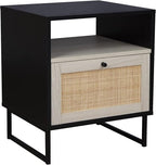 Nathan James Mina Rattan Wood End Side Accent Table Nightstand with Storage, Set of 2, Black Oak/Black