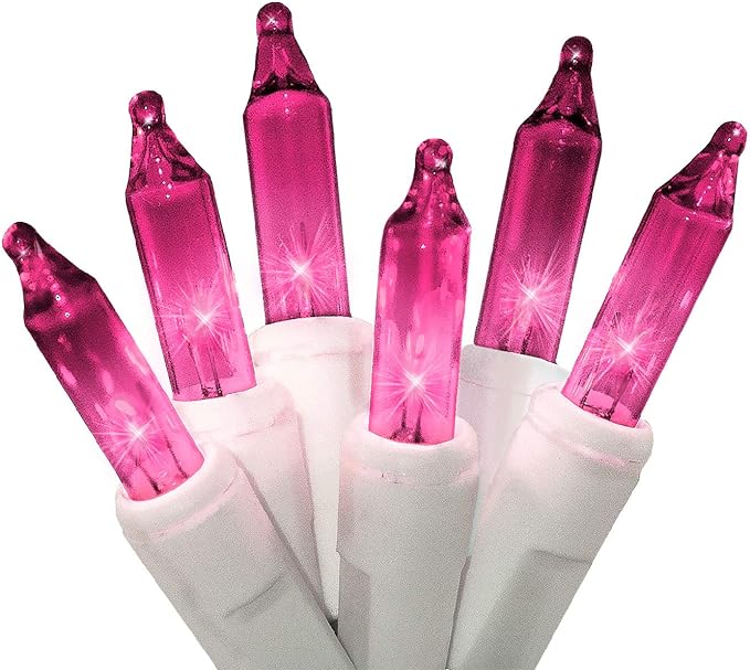 612 Vermont 100 Pink Christmas Lights on a White Wire String, UL Approved, Indoor/Outdoor Use, 18’ of Lighted Length, 20’ of Total Length