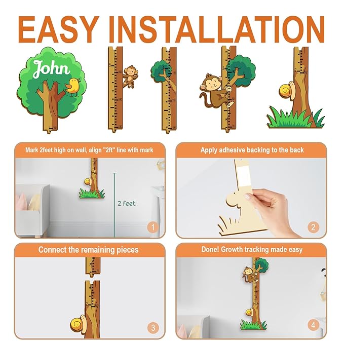 Personalized Growth Chart for Wall, Wooden Height Chart for Kids, Cute Height Measurement for Child/Girls/Boys, Baby and Toddler's Playroom/Kid's Room/Nursery Decor, Tree