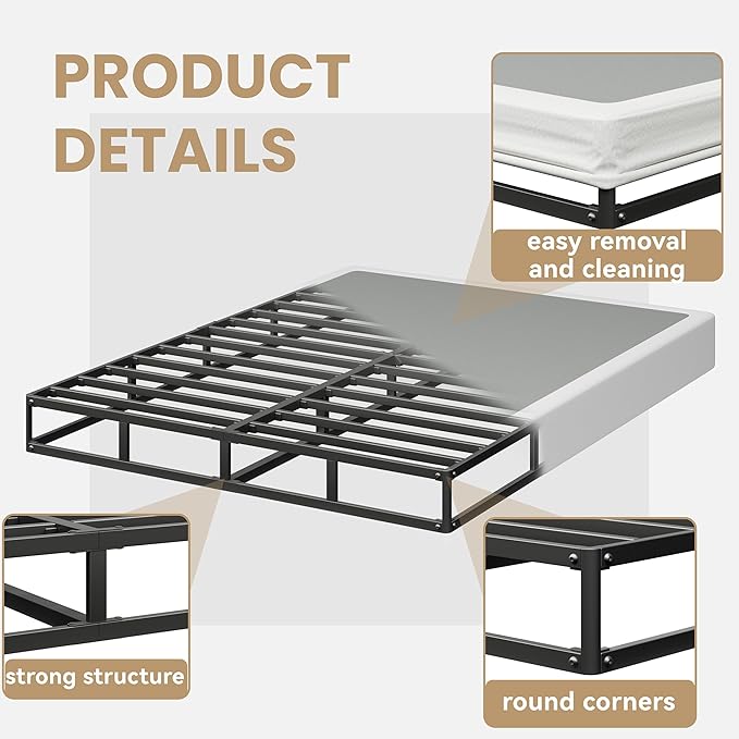 Queen Size Box Spring, 7 Inch Low Profile Metal Frame Mattress Foundation, Heavy Duty Boxspring with Cover, Easy Assembly, Noise Free, Non-Slip