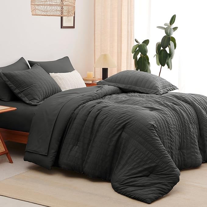 CozyLux California King Comforter Set with Sheets 7 Pieces, Dark Grey Seersucker Bed in a Bag Cal King Luxury Soft Bedding Sets with Down Alternative Comforter, Sheets, Pillowcases & Shams All Season