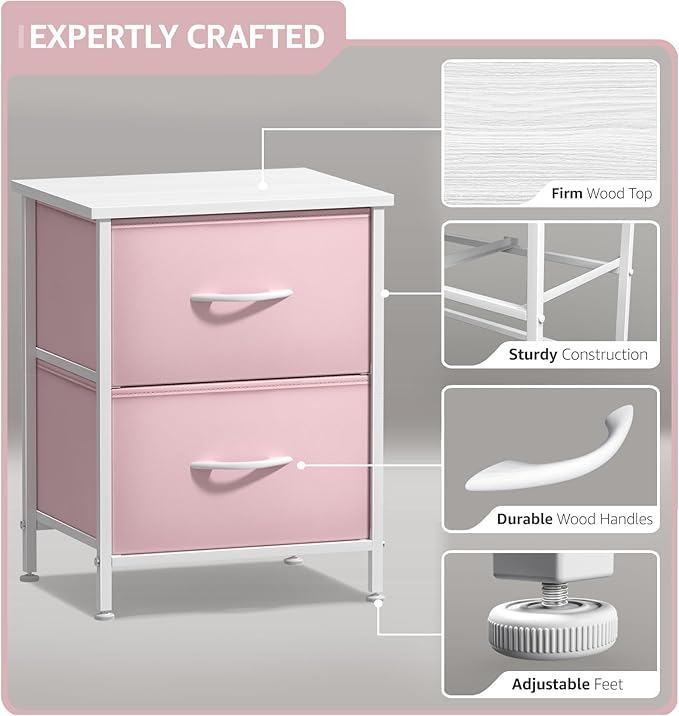 Sorbus Nightstand with 2 Drawers - Kids Bedside Furniture End Table Night Stand - Steel Frame, Wood Top & Easy Pull Fabric Bins - Dresser & Chest for Home, Bedroom Accessories, Office & Dorm (2 Pack)