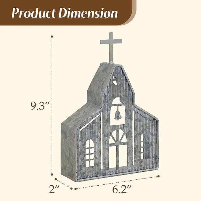 Church Shaped Tea Light Candle Holder Farmhouse Galvanized Metal Candle Holder Vintage Decorative Tealight Holder for Table Centerpiece Decoration - 6.22" x 1.97" x 9.25"