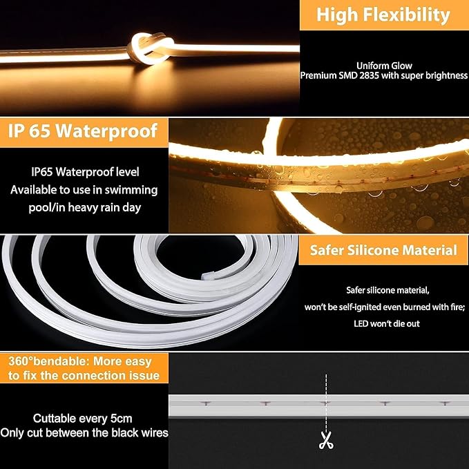Lamomo LED Neon Lights, 24V Warm White Dimmable LED Rope Flex, 32.8ft Waterproof LED Strip Lights, Silicone 3000K Neon LED Strip for Bedroom Indoor Home Decor (Power Adapter Included)