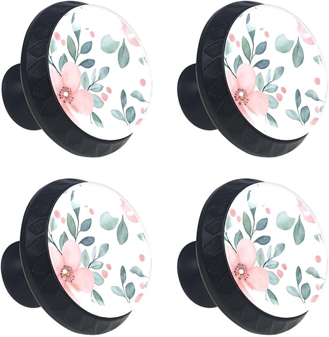 4 PCS Knobs for Dresser Drawers, Pink Flowers Green Leaves Branches ABS Round Kitchen Cabinet Handles Pulls for Kitchen Cupboard Wardrobe Hardware Bedroom