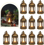 LLQ 8Pcs Mini Lantern with LED Tealight, Vintage Brown Lanterns Decorative, Hanging Candle Lanterns for Ramadan Christmas Wedding Table Centerpiece Indian Diwali Decor, Garden Fairy Party Decorations