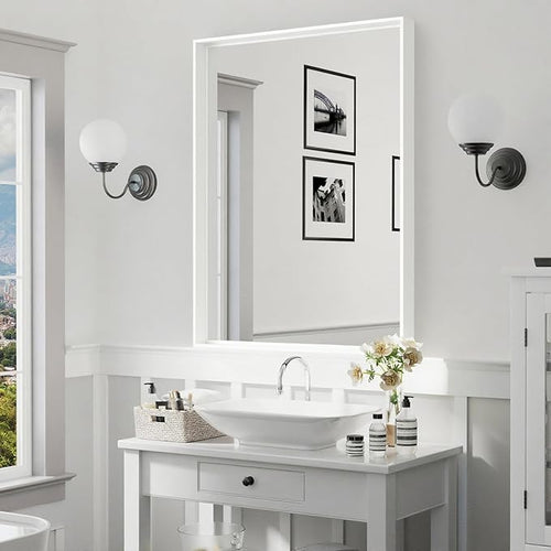24x36 Inch White Bathroom Mirrors for Over Sink, Rectangle Wall Vanity Mirror, Aluminum Framed Bathroom Mirror, Anti-Rust, Tempered Glass (Horizontal/Vertical)
