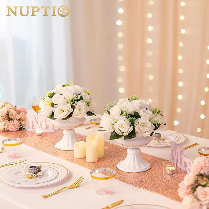 NUPTIO Pcs of 6 Fake Flower Ball Arrangement Bouquet,15 Heads Plastic Roses with Base, Suitable for Our Store's Wedding Centerpiece Flower Rack for Parties Valentine's Day Home Décor (Pure White)