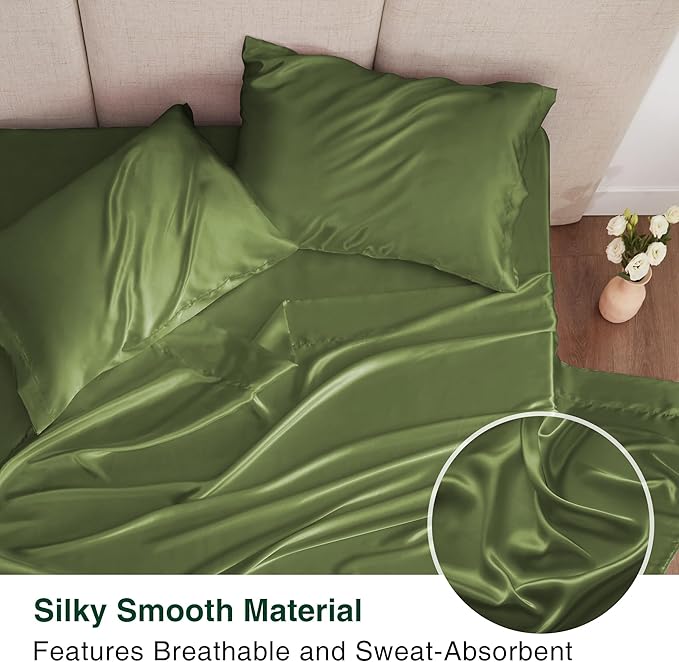 Love's cabin Satin Queen Bed Sheet Set - 4 Piece, Sage, Silky Soft, Deep Pocket, Luxury Feel