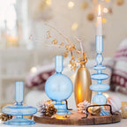 Rtteri 3 Pcs Glass Candlestick Holders Glass Candle Holders Groovy Wavy Elegant Taper Candle Stick for Wedding Home Birthday Party Christmas Halloween Decoration Windowsill Decor(Light Blue)