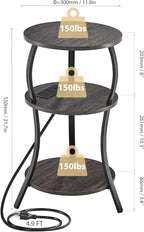 Small Round Side Table with Charging Station, 3-Tier Waist Circular End Table with Storage Shelf, Compact Tea Sofa Side Table Small Spaces, Round Corner Coffee Table for Living Room Bedroon,Grey