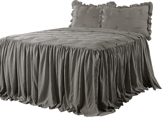 Lush Decor Ravello Pintuck Ruffle Skirt Bedspread Set - Luxe 2 Piece Ruffled Bedding Set - Traditional Glam & Farmhouse Inspired Bedroom Decor - Twin, Dark Gray