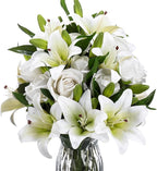 Hotop 20 Pcs Artificial Flowers Velvet Realistic Roses and Latex Lilies Flowers Bouquet Decorations Arrangements for Home Table Centerpieces Independence Day(White, White)