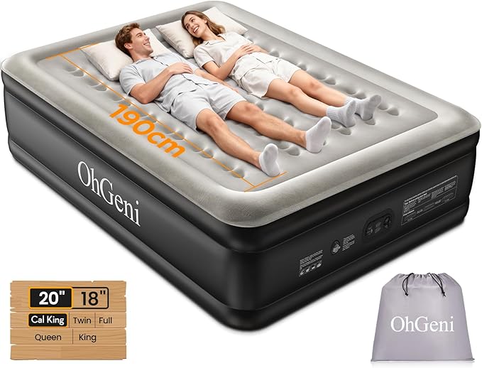 OhGeni 20" Raised Cal King Air Mattress with Built in Pump, Keep Feet from Dangling, Extra Length Blow up Mattress, Back-Friendly Airbed for Guests, Luxury Comfort for People(190CM Height), 700lbs