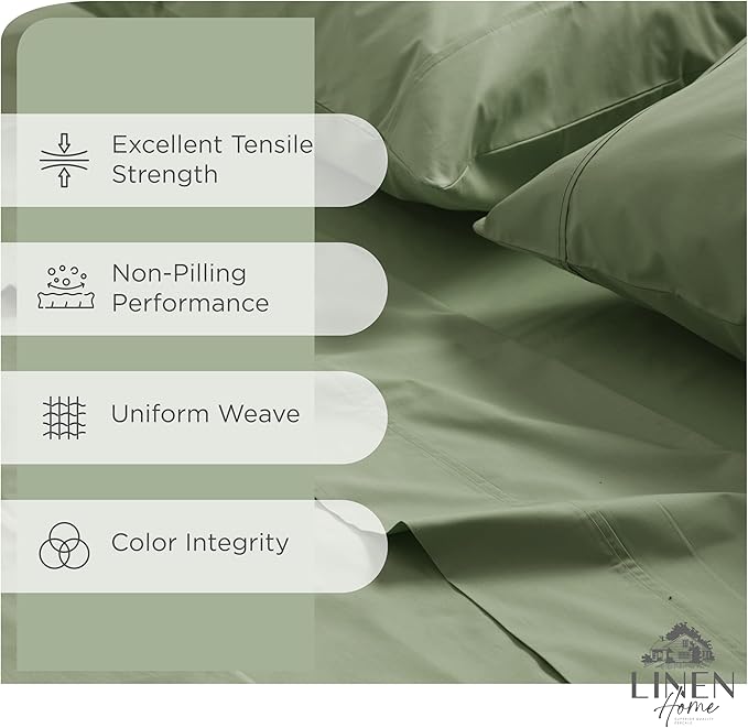 Linen Home 100% Cotton Percale Sheets Twin Size, Oil Green, Deep Pocket, 3 Pieces Set - 1 Flat, 1 Deep Pocket Fitted Sheet and 1 Pillowcase, Crisp Cool and Strong Bed Linen