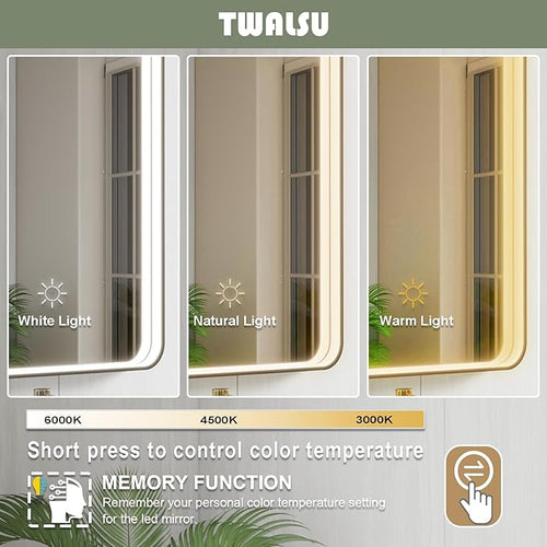 30x36 Inch LED Bathroom Mirror with Lights, Black Metal Framed LED Mirror for Bathroom, 3 Colors and Stepless Dimmable Wall Mounted Lighted Bathroom Vanity Mirror, Anti-Fog, Memory