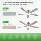 Ceiling Fans with Lights, 56" Flush Mount Ceiling Fan with Light and Remote/APP Control, Low Profile, Modern Ceiling Fan Reversible, Dimmable, Noiseless, Brushed Nickel for Bedroom