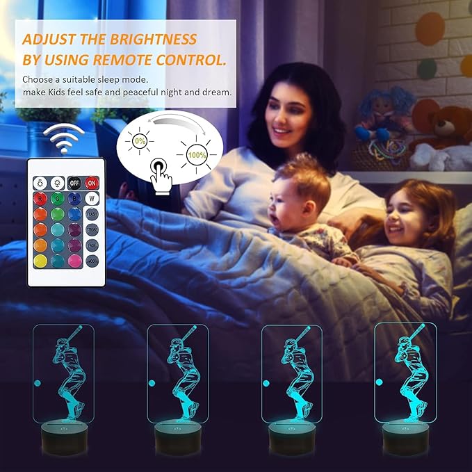 FULLOSUN Baseball 3D Night Light, Sport Gifts Bedside Lamp for Xmas Holiday Birthday Gifts for Baseball Fan with Remote Control 16 Colors Changing + 4 Changing Mode + Dim Function