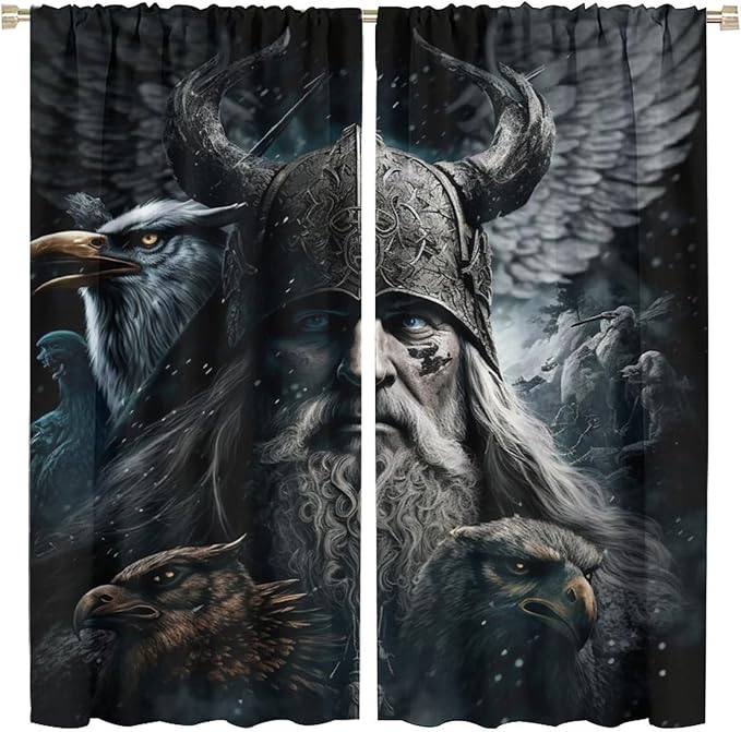 Fantasy Norse Viking Curtains - Cool Gothic Vintage Vikings Mystical Symbol Eagle Thermal Insulated Blackout Curtains - Rod Pocket Window Treatment Drapes for Bedroom 2 Panels 45L x 21W