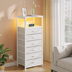 Seventable Night Stand with Charging Station, Tall Nightstand with 6 Fabric Storage Drawers, Side Table with LED Light for Bedroom, Entryway, White