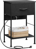WLIVE Night Stand with Charger Station, Small Nightstand with 1 Fabric Drawer and Open Wood Shelf, 25" H Bedside Table for Bedroom, 2-Tier Storage Side Table for Dorm, Entryway, Black