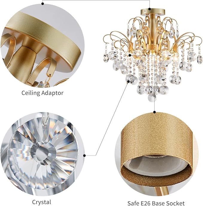 WUZUPS Crystal Chandelier Flushmount Ceiling Light Modern Lighting Fixture for Bedroom Hallway Bar Kitchen Bathroom, H 17.5'' x W 19.3'', E12 Base, Gold