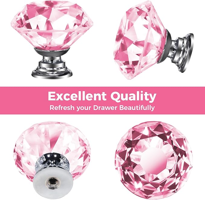 DEELF 25 Packs Kitchen Cabinet Knobs, 30 mm Crystal Cabinet Knobs, Diamond Dresser Handle Drawer Pulls, Dresser Knobs for Cabinets and Drawers, Pink