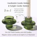 Green Taper Candle Holders Set of 10 for Taper Candles/Tea Lights, Ribbed Glass Candlestick Holders for Boho Wedding Table, Vintage Candle Sticks Holder Decor Home Decor