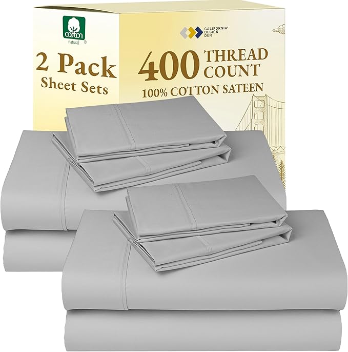 California Design Den 2-Pack Queen Bed Sheets Set - 400 Thread Count 100% Cotton Sateen - Extra Soft, Breathable & Cooling Sheets, Wrinkle Resistant, 2 Sets of Deep Pocket Bed Sheets - Light Grey