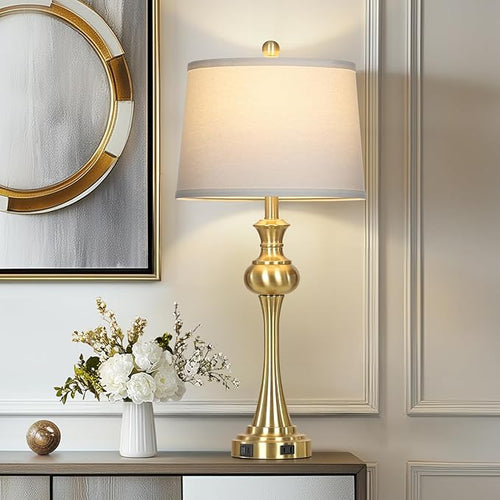 28.75" Gold Table Lamps Modern 3-Way Touch Control Dimmable Bedside Lamp with USB A+C Ports & AC Outlets for Living Room Bedroom Nightstand Lamp (Bulb Included)