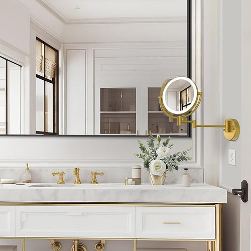 8" Make up Mirror Wall Mounted Lighted 10X Magnifying Hard Wired, Double Sides 3 Color Lighting Touch Dimming, 360 Swivel Extended Arm Shaving Light up Mirror for Bathroom, Brushed Moderne Brass