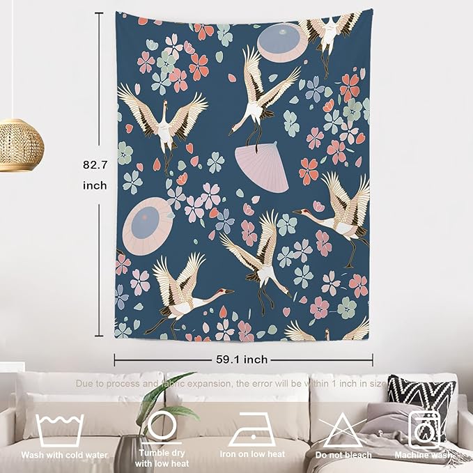 Batmerry Navy Blue Japanese Cherry Tapestry,Oriental Wall Art Hanging Decoration Polyester Fiber White Ruffled Around for Dorm Room Bedroom Living Room, 82.7x59.1 inches