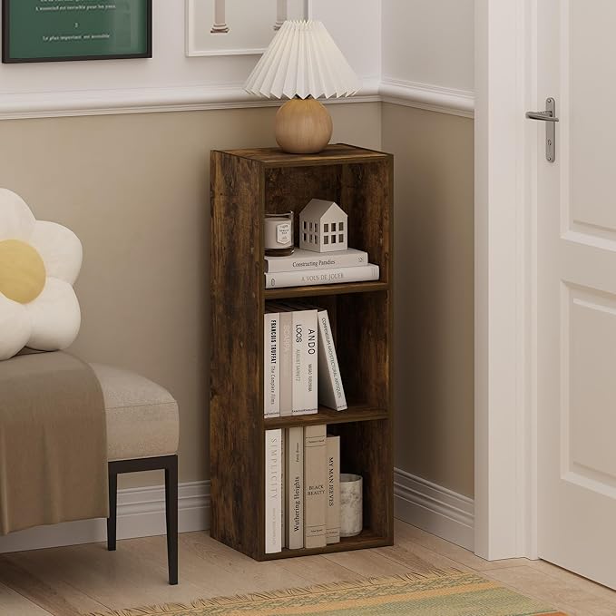 Furinno LUDER Book Shelf, 3-Cube Bookshelf, Bookcase, 9.3" x 12" x 31.5", for Living Room, Bedroom, Home Office, Amber Pine