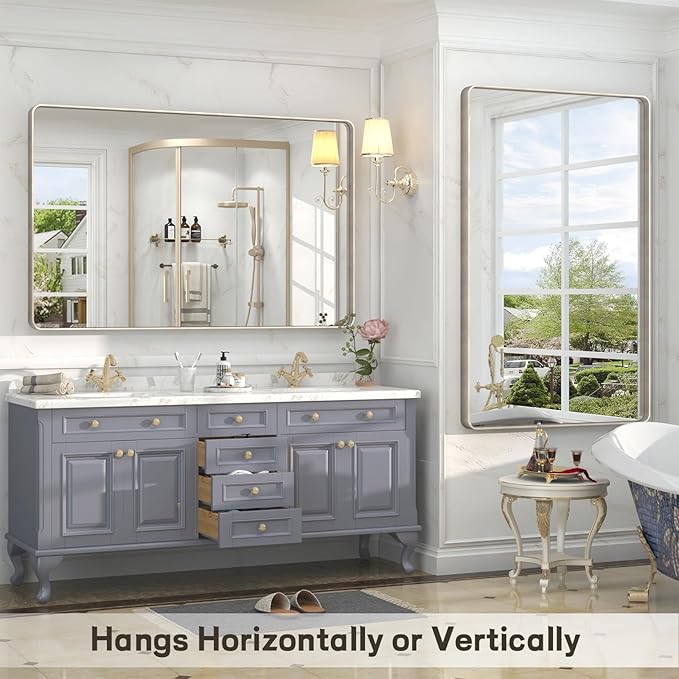 55x30 Inch Brushed Nickel Bathroom Mirror, Large Brushed Silver Metal Framed Wall Mirror, Rounded Corner Rectangle Modern Vanity Mirror, Tempered Glass, Anti-Rust, Shatterproof (Horizontal/Vertical)