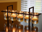 Seraphic 5-Cup Rustic Modern Floating Candle Holder Table Centerpiece Decoration for Dining Room, Kitchen, Patio, Weddings, Metal Iron with Glass Cups, 16" Long