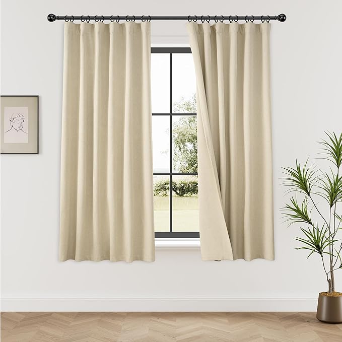 KangBang Thermal Blackout Curtains 63 Inch Length for Bedroom, Back Tab Loop Pocket Pleated Linen Woven Textured Curtains, 100% Light Blocking Drapes for Living Room(W52xL63,2 Panels,Natural Beige)